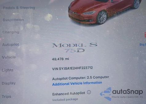 2017 Tesla Model S 100D/60D/75D/90D/P100D z USA, uszkodzony, nr VIN 5YJSA1E24HF223712